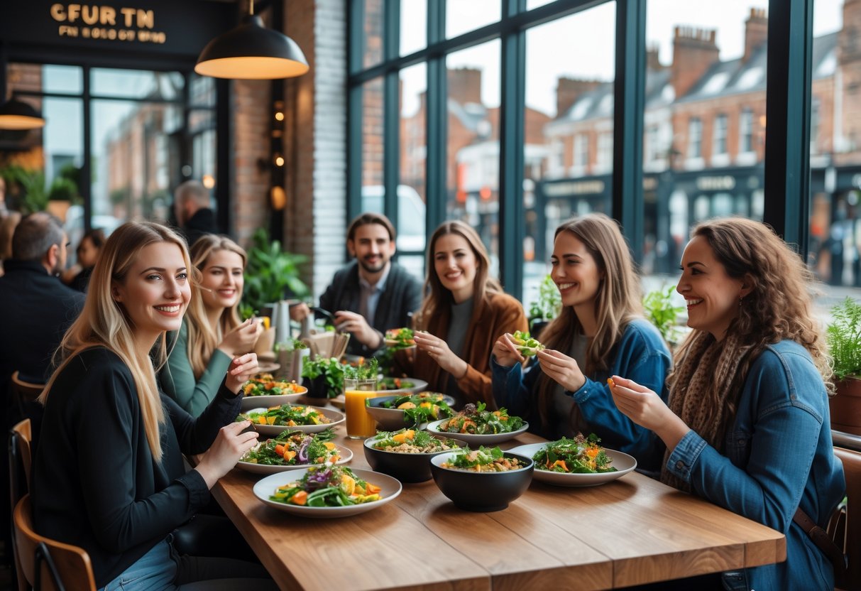 People enjoying colorful plant-based meals at a sunny café table with views of Dublin city buildings through large windows.