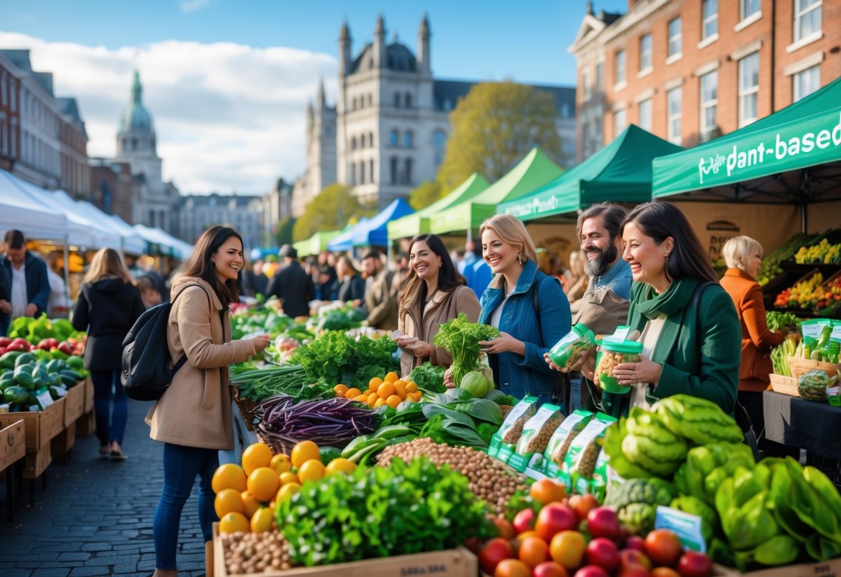 People shopping at a lively outdoor market in Dublin with fresh fruits, vegetables, and plant-based foods on display.