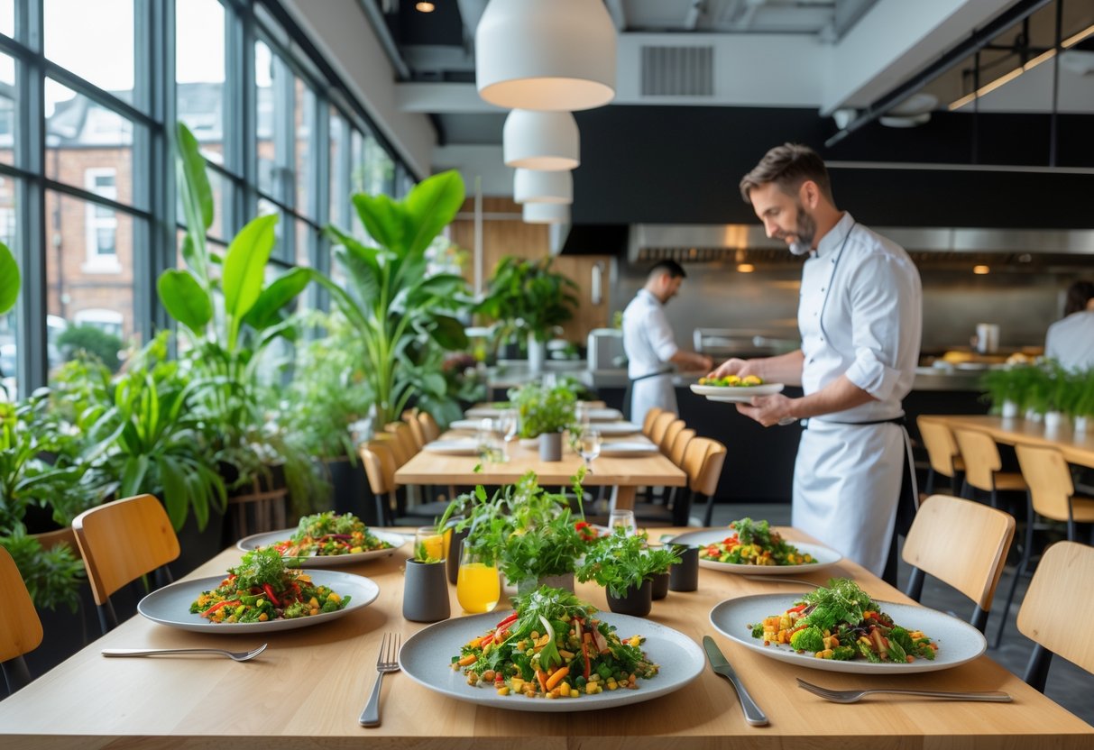 A bright plant-based restaurant interior with wooden tables, green plants, colorful vegetable dishes, and a chef working in the open kitchen.
