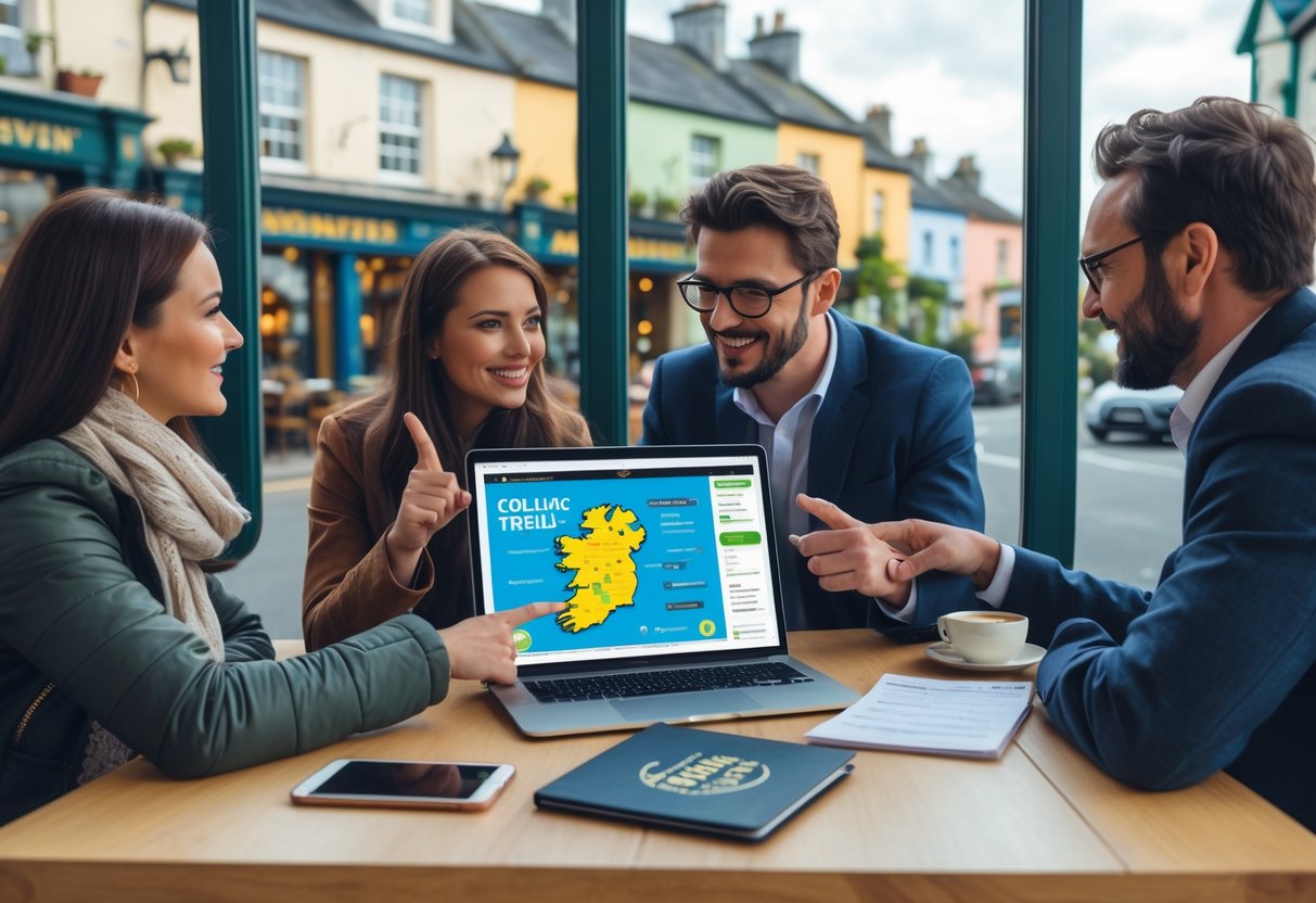 Two travelers planning a coeliac-friendly trip in Ireland, looking at a laptop with a map and taking notes at a cafe table.
