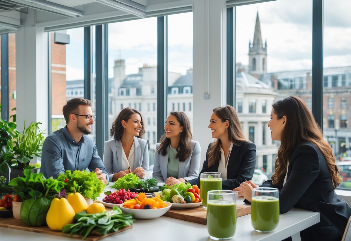 People discussing plant-based foods around a table in a bright office with a city view of Dublin in the background.