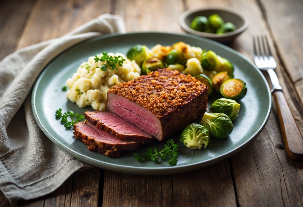 A plate of traditional Irish keto main course with corned beef, saut&eacute;ed cabbage, cauliflower mash, and roasted Brussels sprouts on a wooden table.