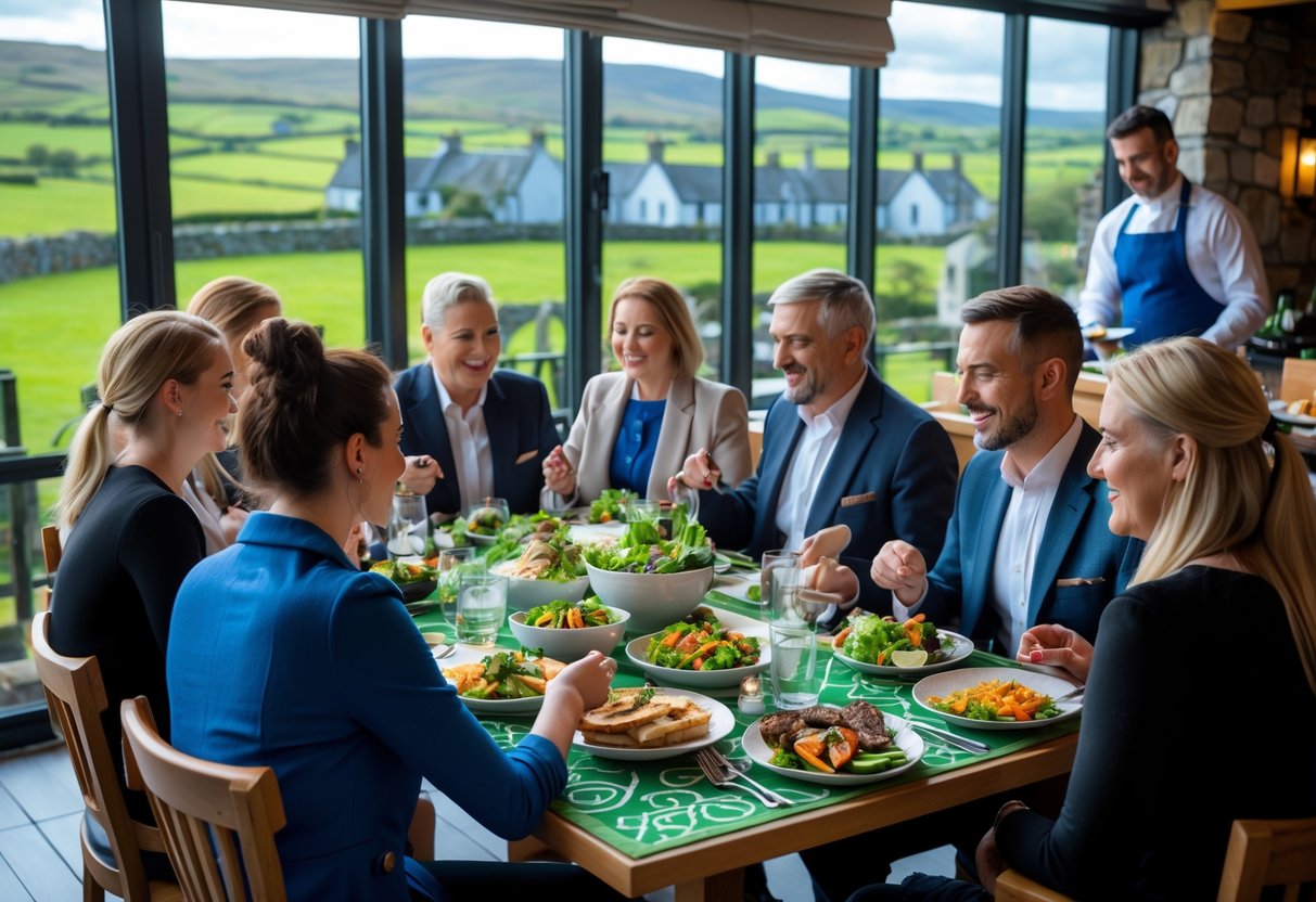 A group of people enjoying gluten-free meals in a bright Irish restaurant with views of green hills outside.
