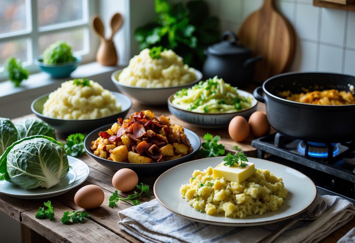 A kitchen table with several plated Irish keto dishes including cauliflower mash, cabbage stir-fry, and soda bread, surrounded by fresh ingredients and kitchen utensils.