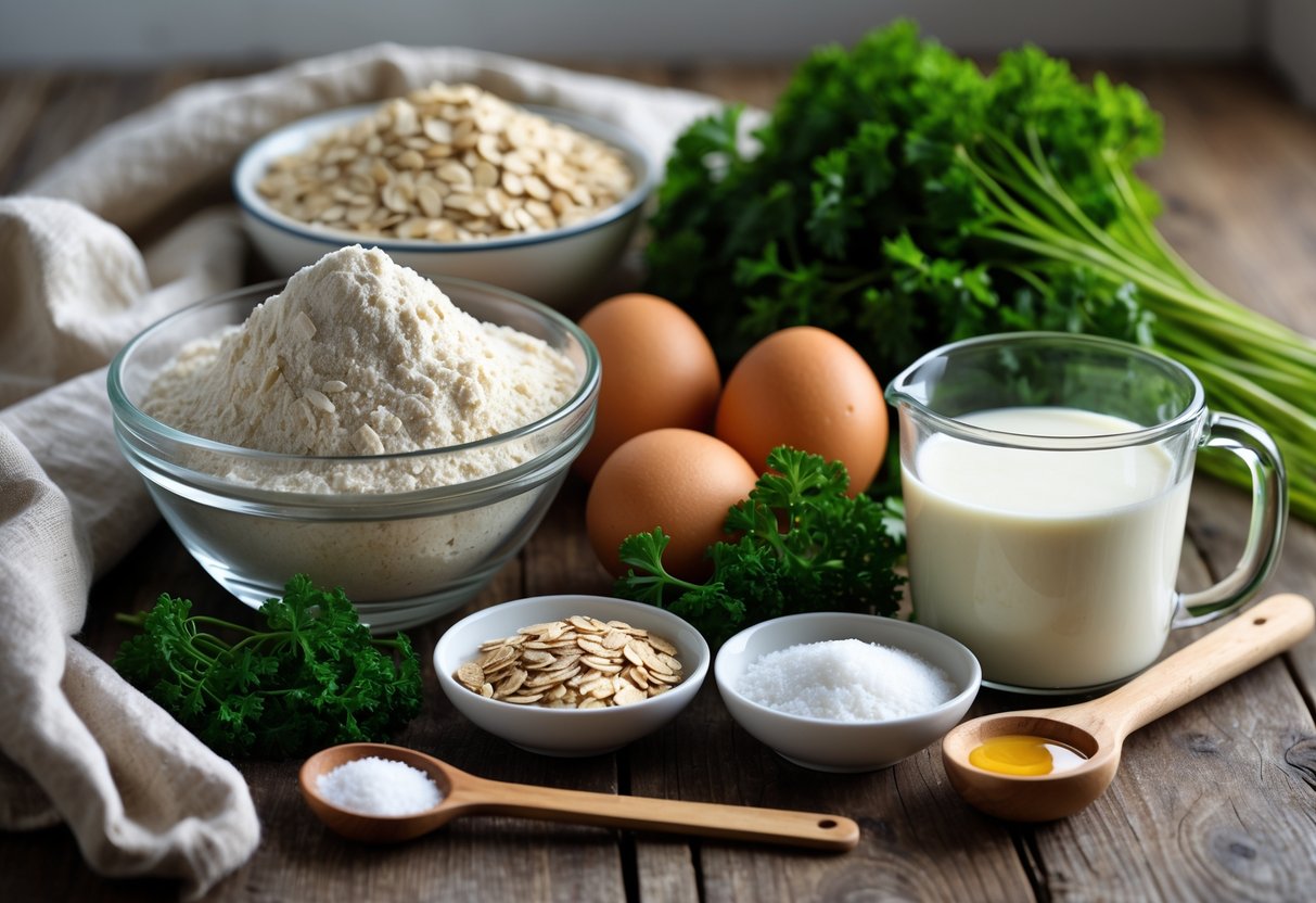 Key ingredients for gluten free Irish bread arranged on a wooden surface, including gluten free flour, oats, parsley, eggs, salt, honey, and milk.
