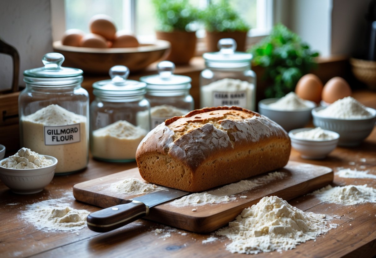 A kitchen countertop with various gluten-free flours in jars and bowls, a loaf of Irish soda bread on a cutting board, and baking ingredients arranged around it.