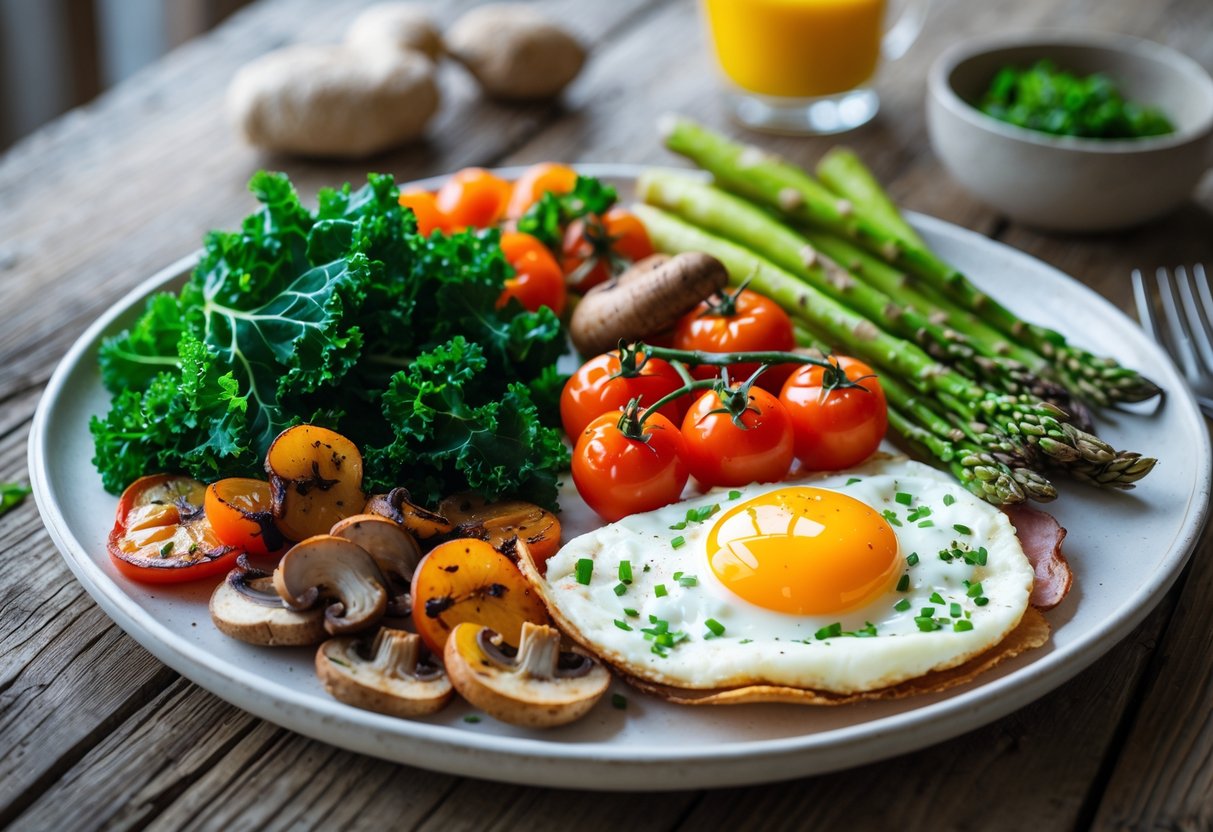A plate of low carb Irish breakfast with saut&eacute;ed vegetables, bacon, and a sunny-side-up egg on a wooden table.