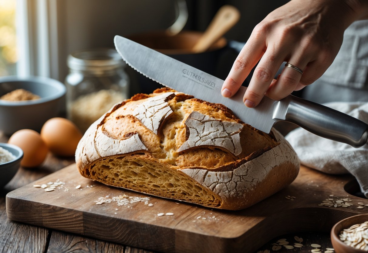 A hand slicing freshly baked gluten free Irish bread on a wooden board surrounded by baking ingredients in a warm kitchen setting.