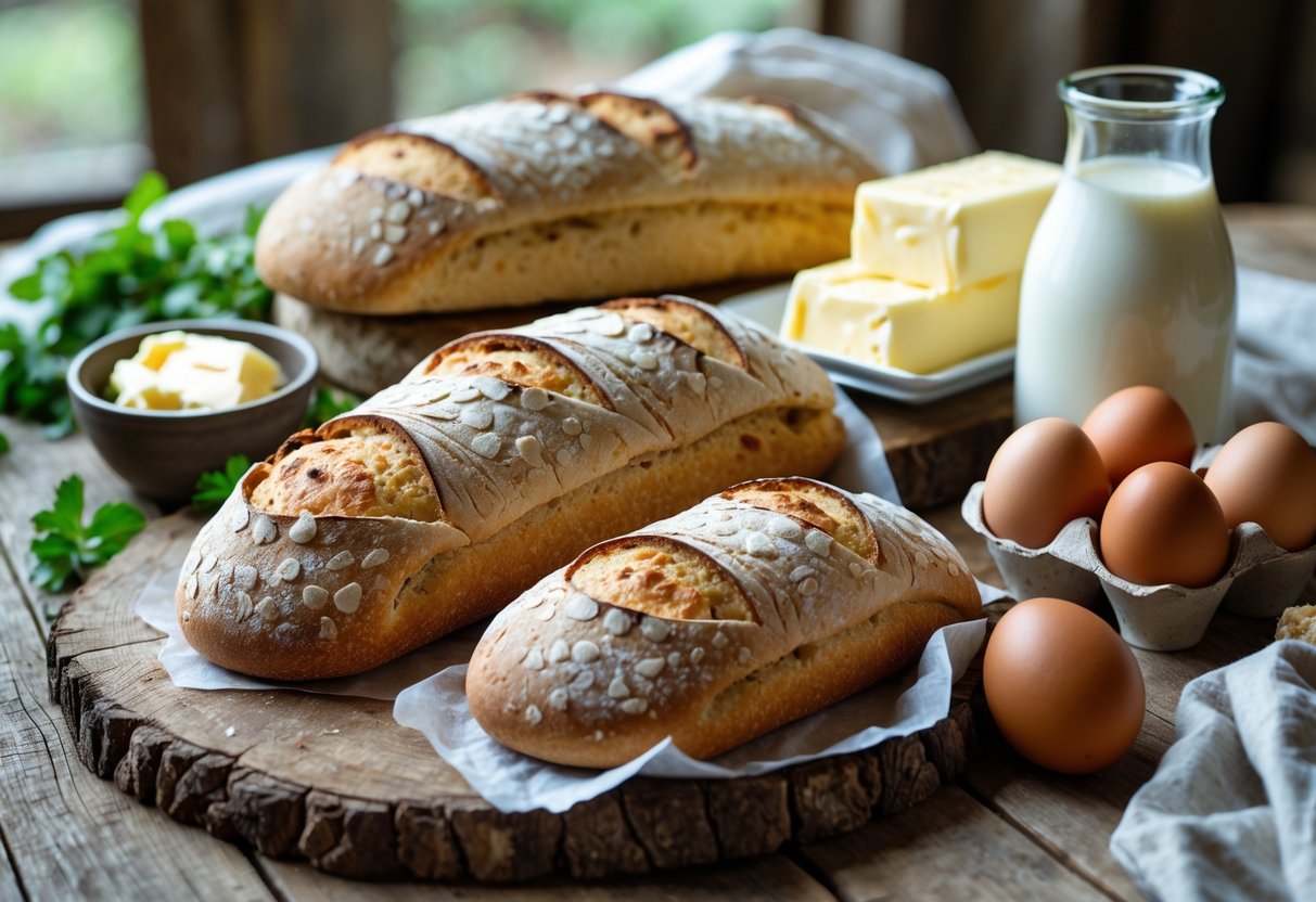 A wooden table with gluten-free Irish bread loaves surrounded by butter, eggs, and milk.