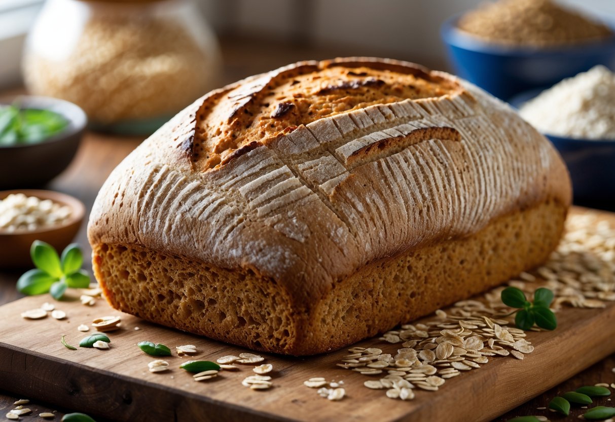 A rustic loaf of gluten-free Irish bread on a wooden cutting board with oats, seeds, and gluten-free flour nearby.
