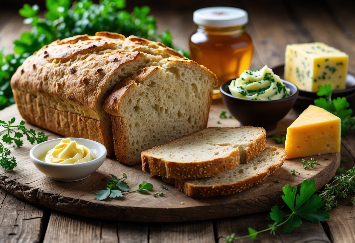 Sliced gluten-free Irish bread on a wooden table with butter, honey, cheddar cheese, and fresh herbs arranged around it.