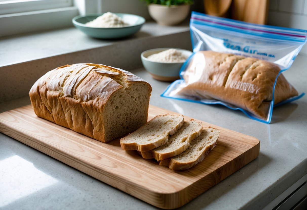 Sliced gluten free Irish bread being packed into freezer bags on a kitchen countertop.