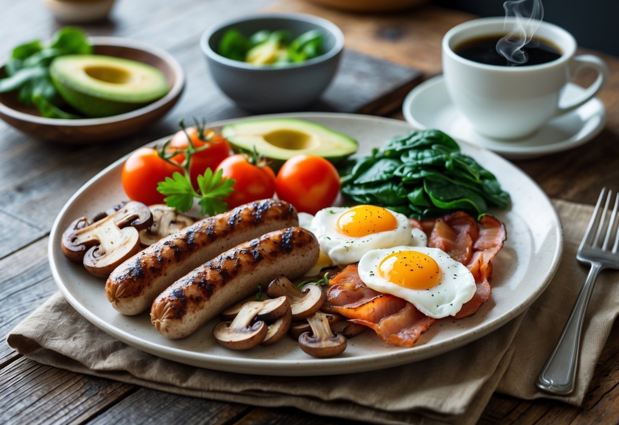 A plated low carb Irish breakfast with sausages, bacon, mushrooms, tomatoes, poached eggs, spinach, avocado slices, and a cup of coffee on a wooden table in a cozy kitchen.