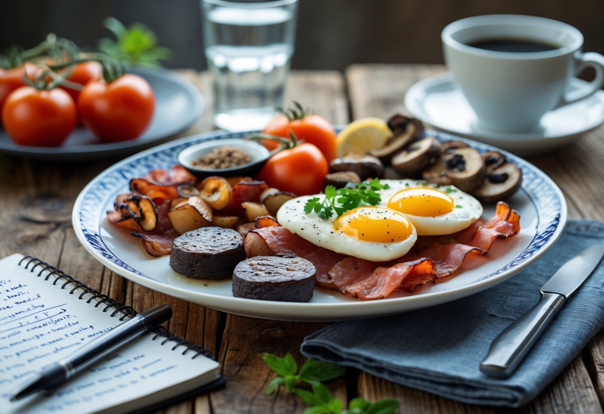 A plate of low carb Irish breakfast with eggs, bacon, grilled tomatoes, and mushrooms on a wooden table with a notebook and pen nearby.