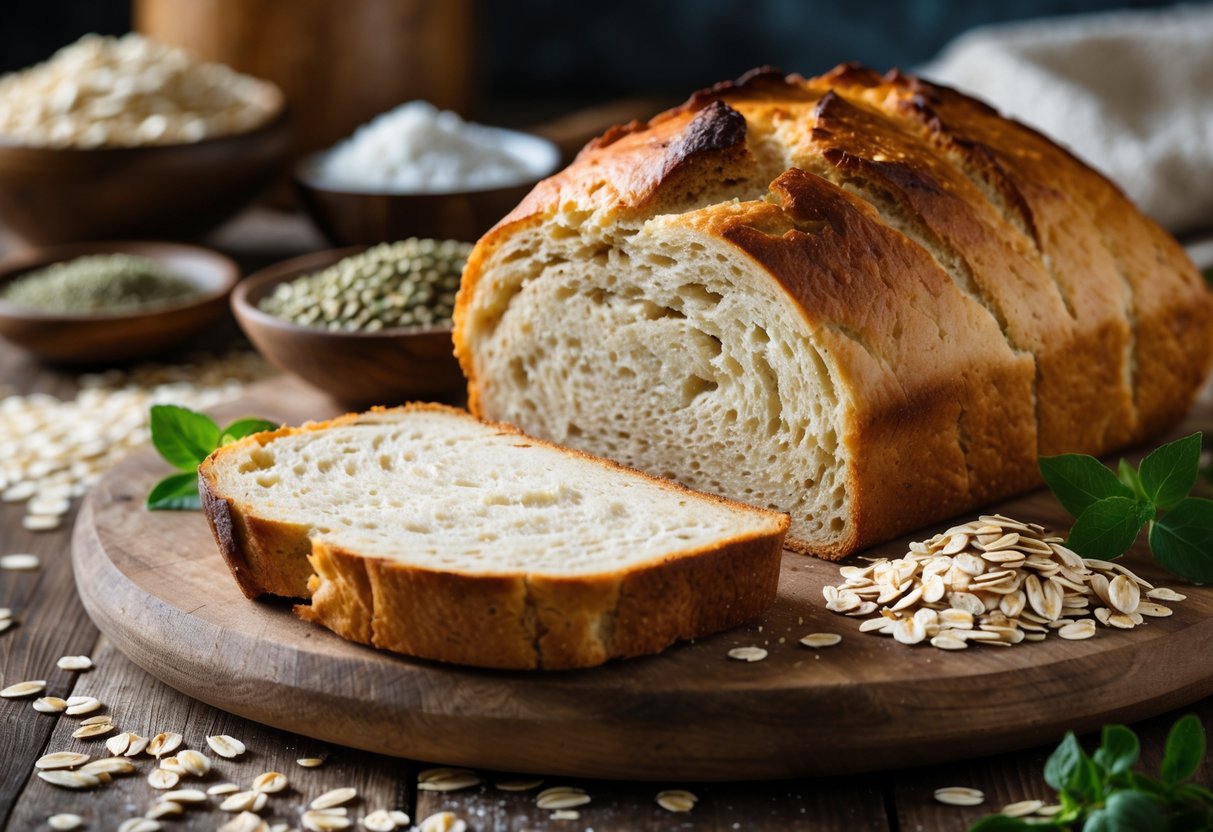 Freshly baked gluten-free Irish bread sliced on a wooden table with natural ingredients around it.