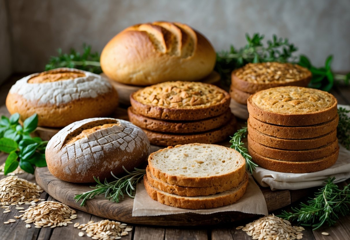 A variety of Irish breads including soda bread and oatcakes displayed on a wooden table with fresh herbs and grains nearby.