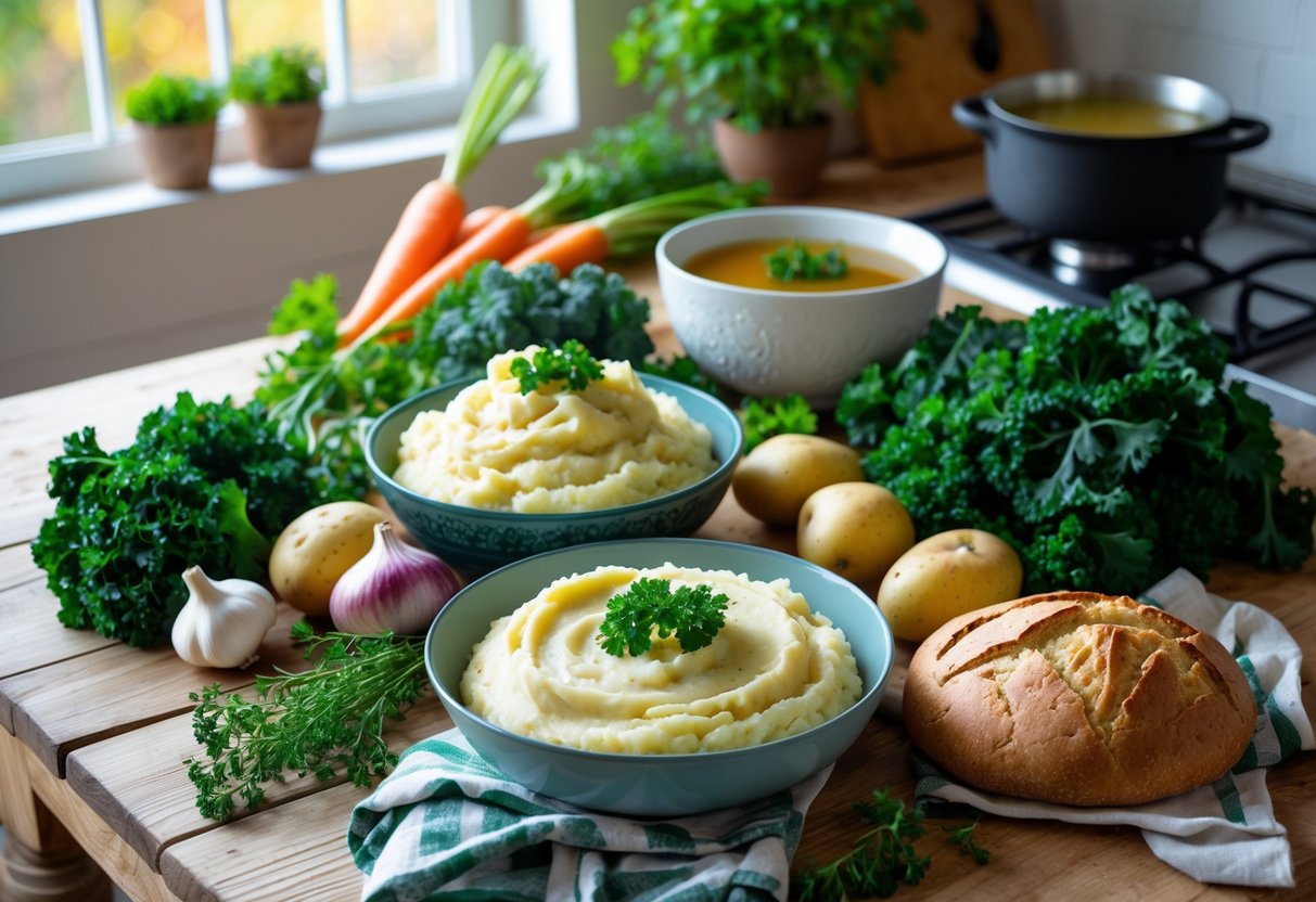 A kitchen table with fresh vegetables, dairy-free mashed potatoes, Irish soda bread, and a pot simmering on the stove.