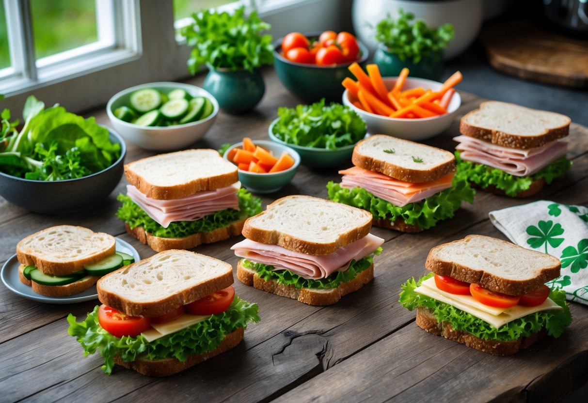A wooden table with a variety of healthy sandwiches and fresh vegetable sides arranged neatly in natural light.