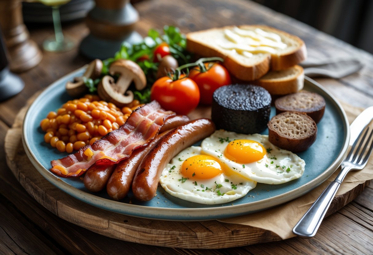 A plate of traditional Irish breakfast with bacon, eggs, sausages, black and white pudding, tomatoes, mushrooms, baked beans, and toast on a wooden table.