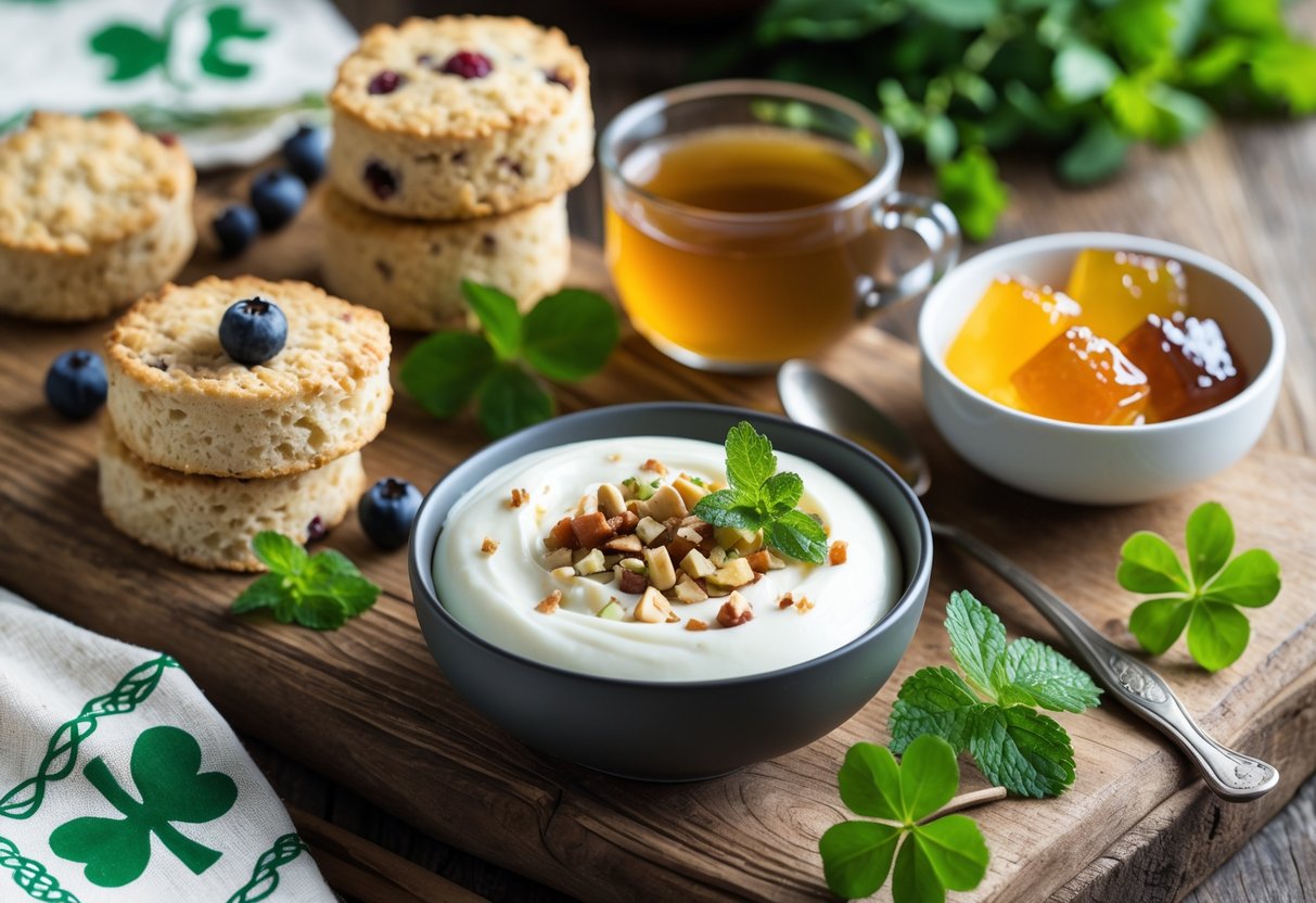 A table displaying a variety of healthy Irish desserts and treats including oat scones with berries, yogurt with honey and nuts, and fruit jellies, decorated with fresh herbs and served with herbal tea.
