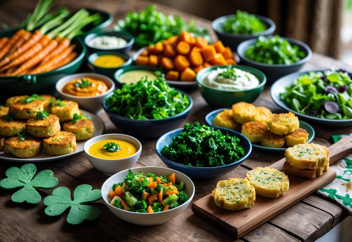 A variety of dairy free Irish appetizers and side dishes arranged on a wooden table, including roasted vegetables, potato cakes, fresh salad, and soda bread.