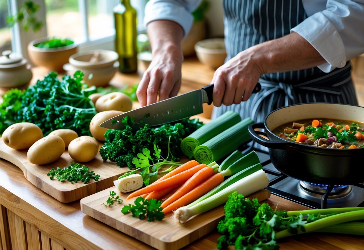 A kitchen countertop with fresh Irish vegetables and herbs, a person chopping vegetables, and a pot of stew cooking on the stove.