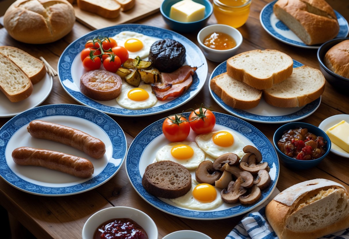 A table with a traditional Irish breakfast including sausages, bacon, eggs, black and white pudding, tomatoes, mushrooms, and various breads with bowls of butter and jam.