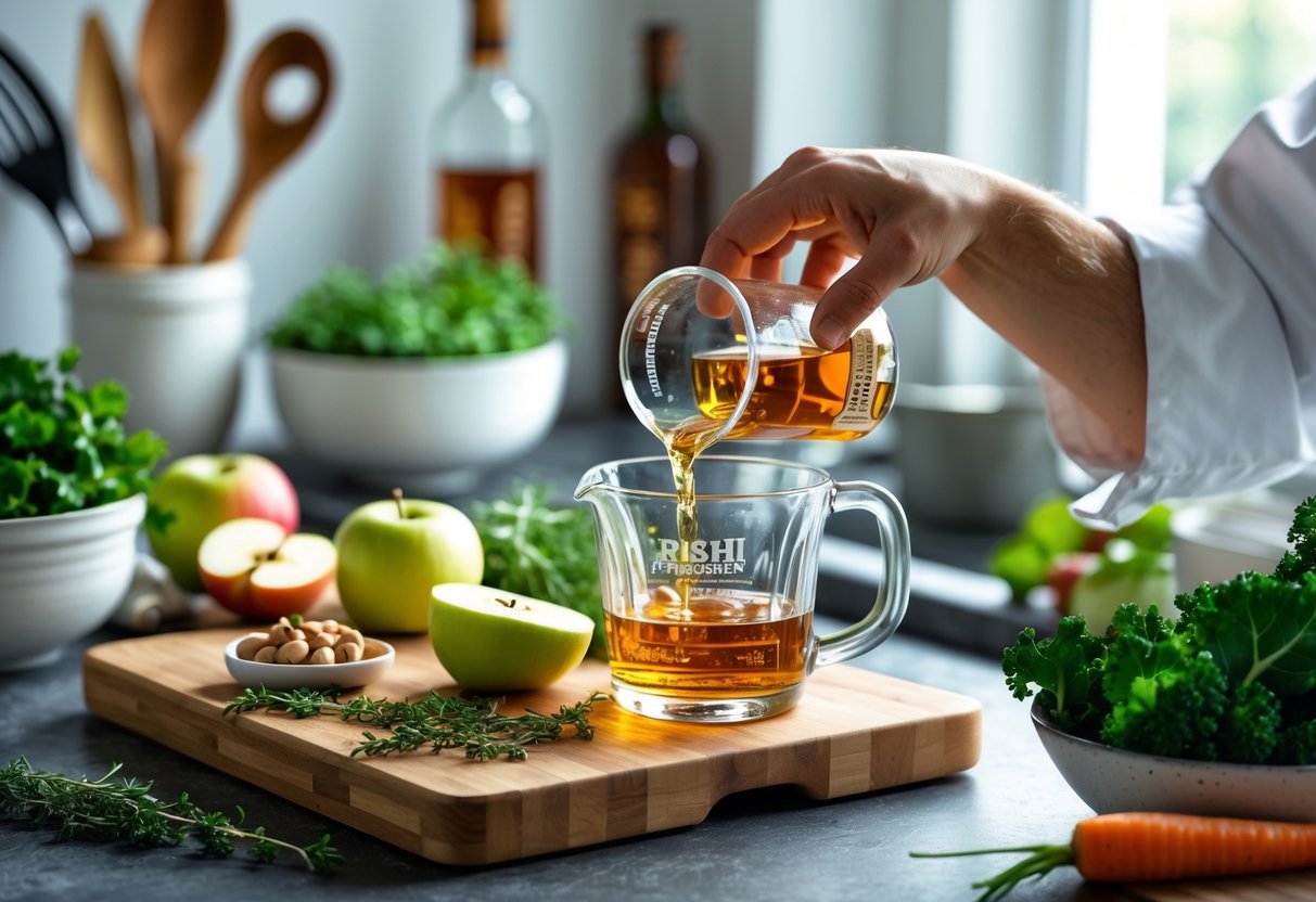 A kitchen scene with fresh ingredients and a bottle of Irish whiskey as a person pours whiskey into a measuring cup.