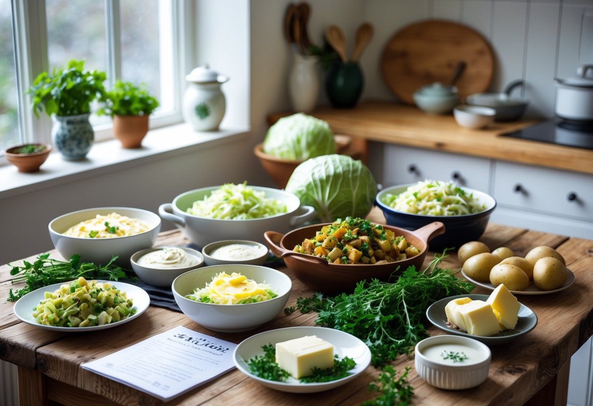A rustic kitchen table with dairy-free Irish dishes and fresh ingredients in a bright, cozy kitchen.
