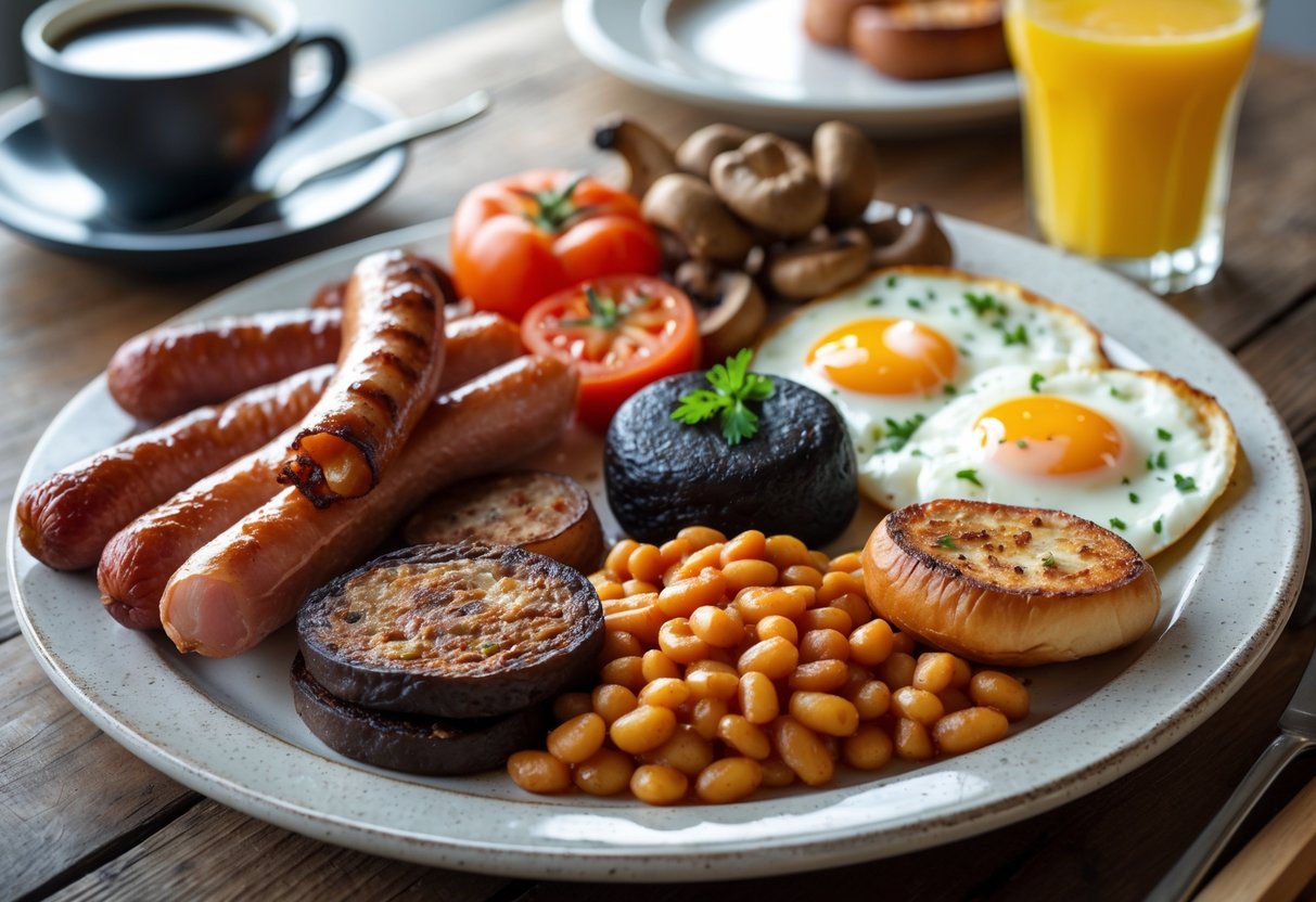 Plate of traditional Irish breakfast with bacon, sausages, eggs, black pudding, tomatoes, beans, and mushrooms on a wooden table with coffee and orange juice in the background.