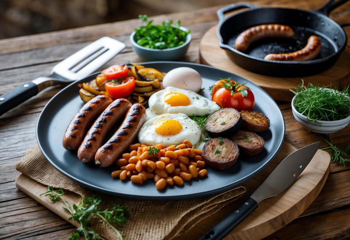 A plate of traditional Irish breakfast with eggs, sausages, bacon, black and white pudding, baked beans, grilled tomatoes, and mushrooms on a wooden table.