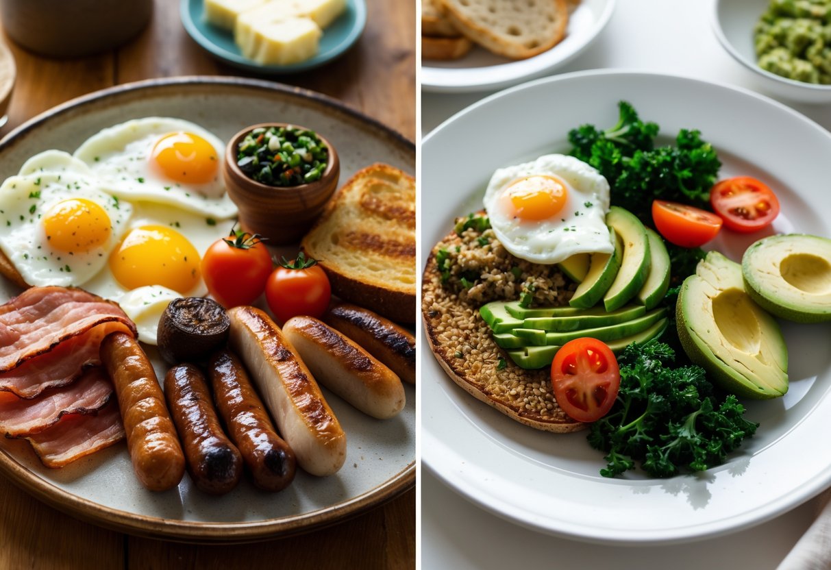 Two plates of Irish breakfast dishes side by side, one with traditional ingredients like bacon and sausages, the other with modern, healthy alternatives including avocado and quinoa.