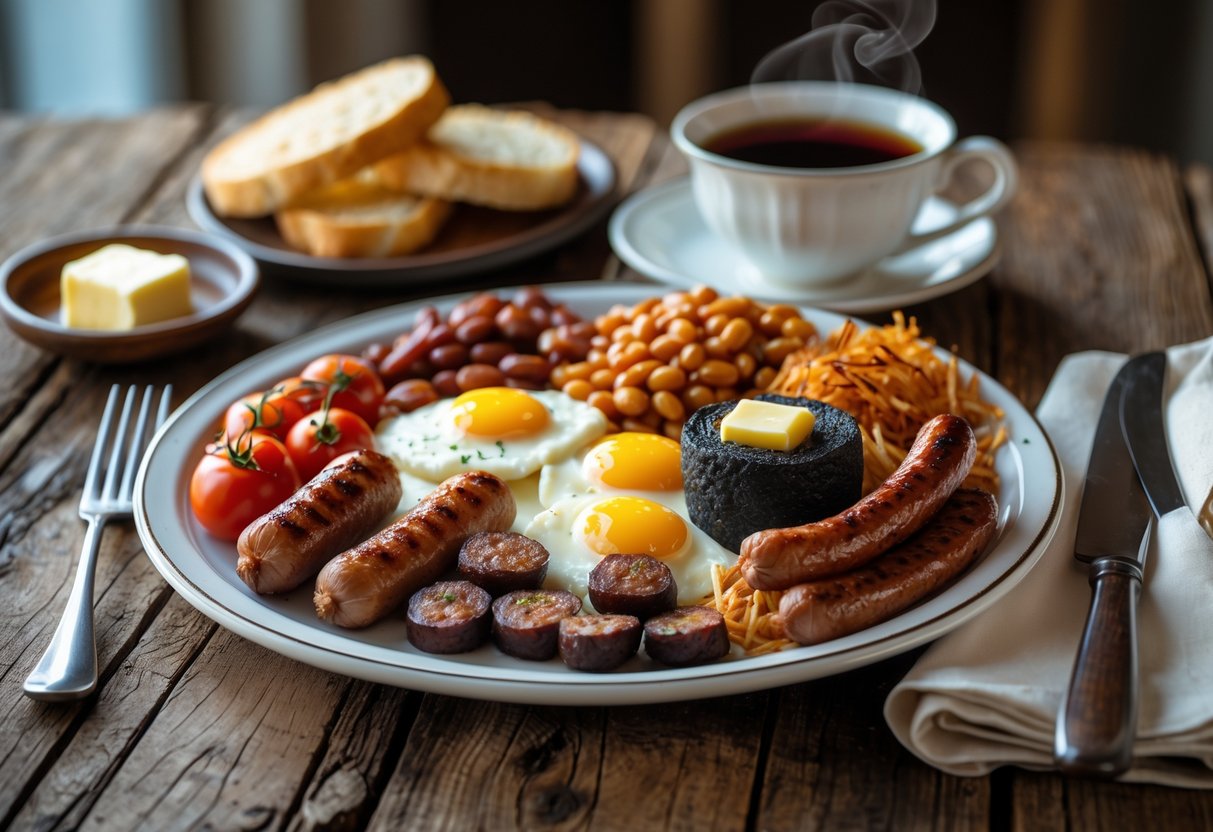 A traditional Irish breakfast plate with bacon, sausages, black and white pudding, fried eggs, tomatoes, baked beans, hash browns, soda bread, and a cup of tea on a wooden table.