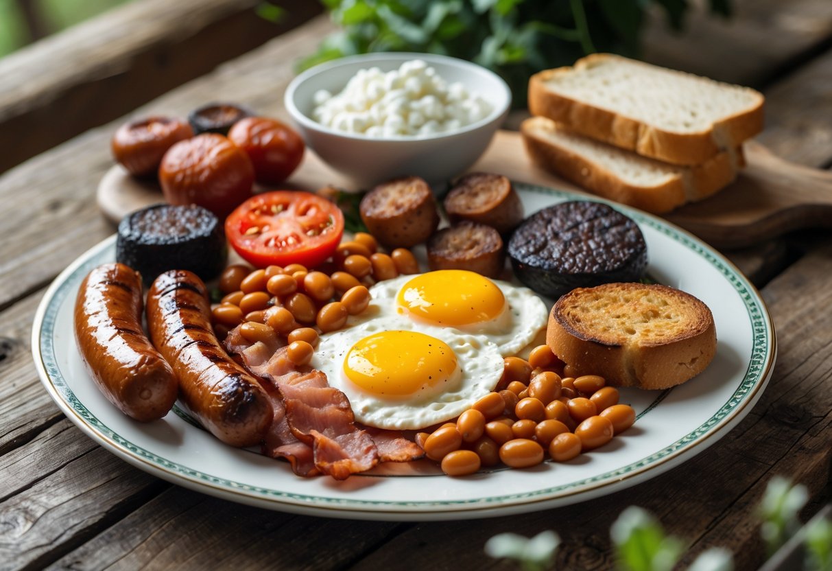 A traditional Irish breakfast plate with bacon, sausages, eggs, black pudding, beans, tomatoes, mushrooms, soda bread, and a bowl of cottage cheese on a wooden table.