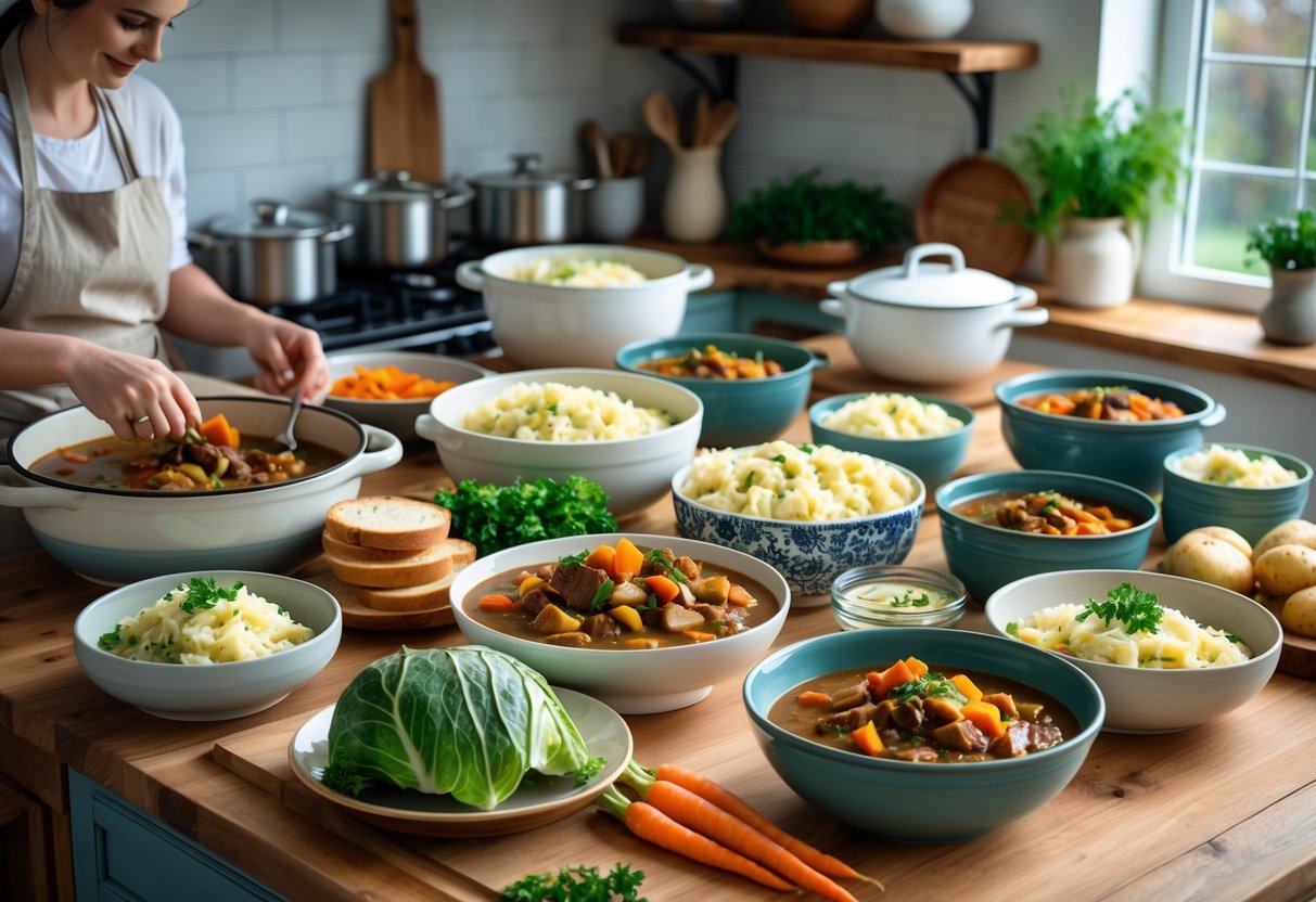 A kitchen countertop with traditional Irish dishes and fresh ingredients being portioned into containers for batch cooking.