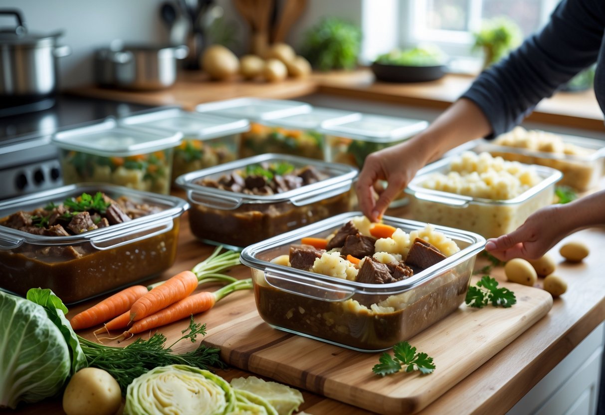 A kitchen countertop with glass containers filled with traditional Irish meals and fresh ingredients, with hands preparing meal containers.