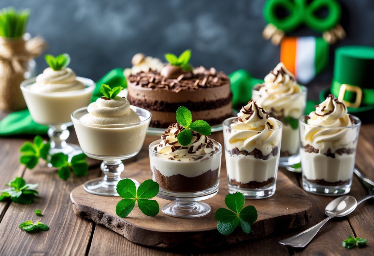 A variety of sugar-free Irish cream desserts including mousse, chocolate cake, and parfaits garnished with mint and chocolate shavings on a wooden table.