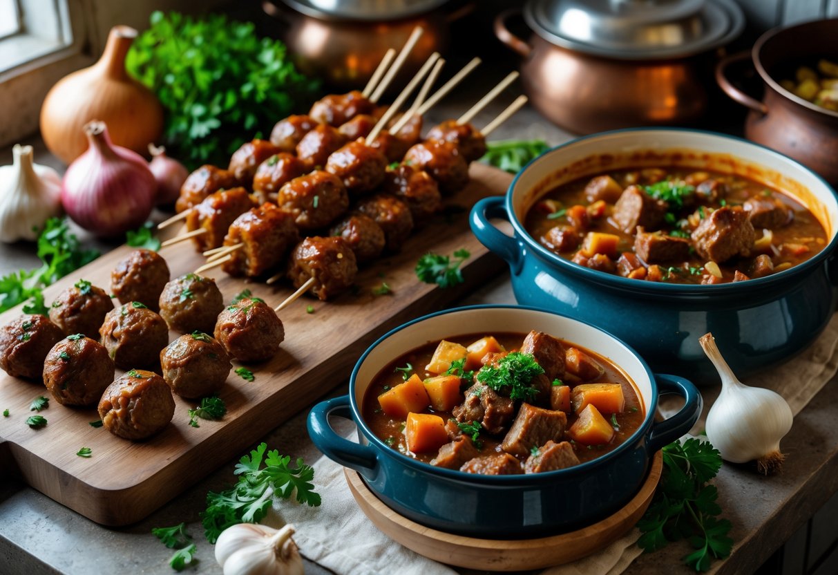 A kitchen countertop displaying cooked meatballs, satay pork skewers, and Irish stew with fresh ingredients around them.