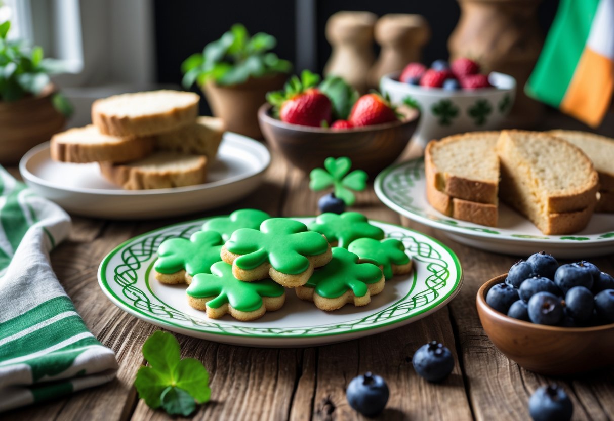 A selection of gluten-free and sugar-free Irish desserts arranged on a wooden table with fresh berries and Irish-themed decor in the background.