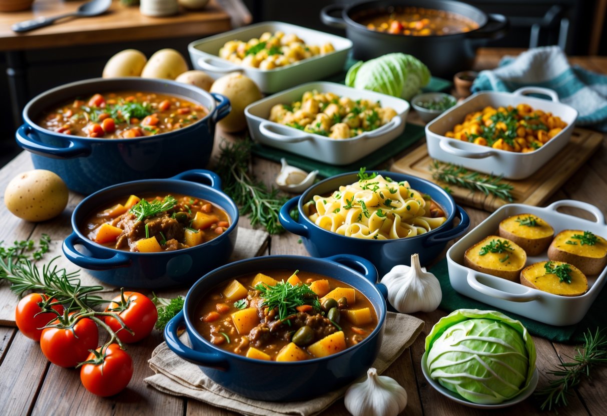 A kitchen table with various prepared dishes combining Italian and Irish ingredients, surrounded by fresh vegetables and cooking utensils.