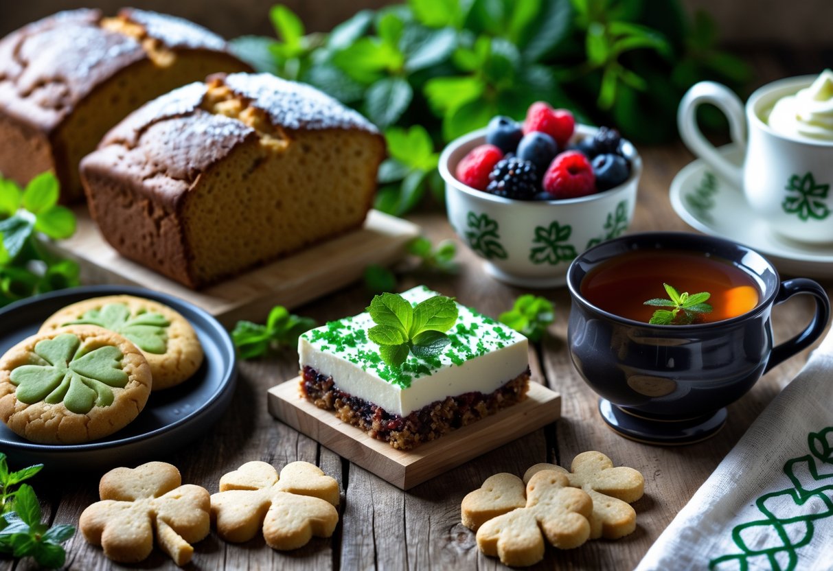 An assortment of dairy-free and vegan Irish desserts including soda bread, shamrock-shaped cookies, and fresh berries on a wooden table with tea and mint.
