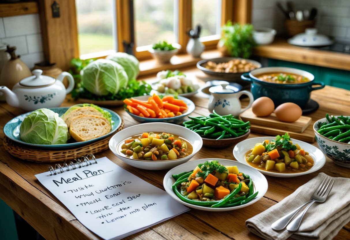 A kitchen table with healthy, budget-friendly Irish meals including vegetables, bread, and stew, alongside a meal plan and grocery list.