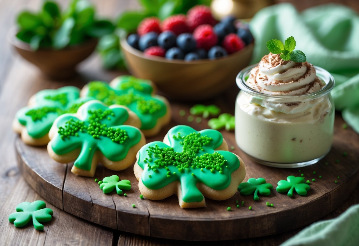 A table with sugar-free Irish desserts including shamrock cookies, berry bowl, and Irish cream mousse with clover decorations.
