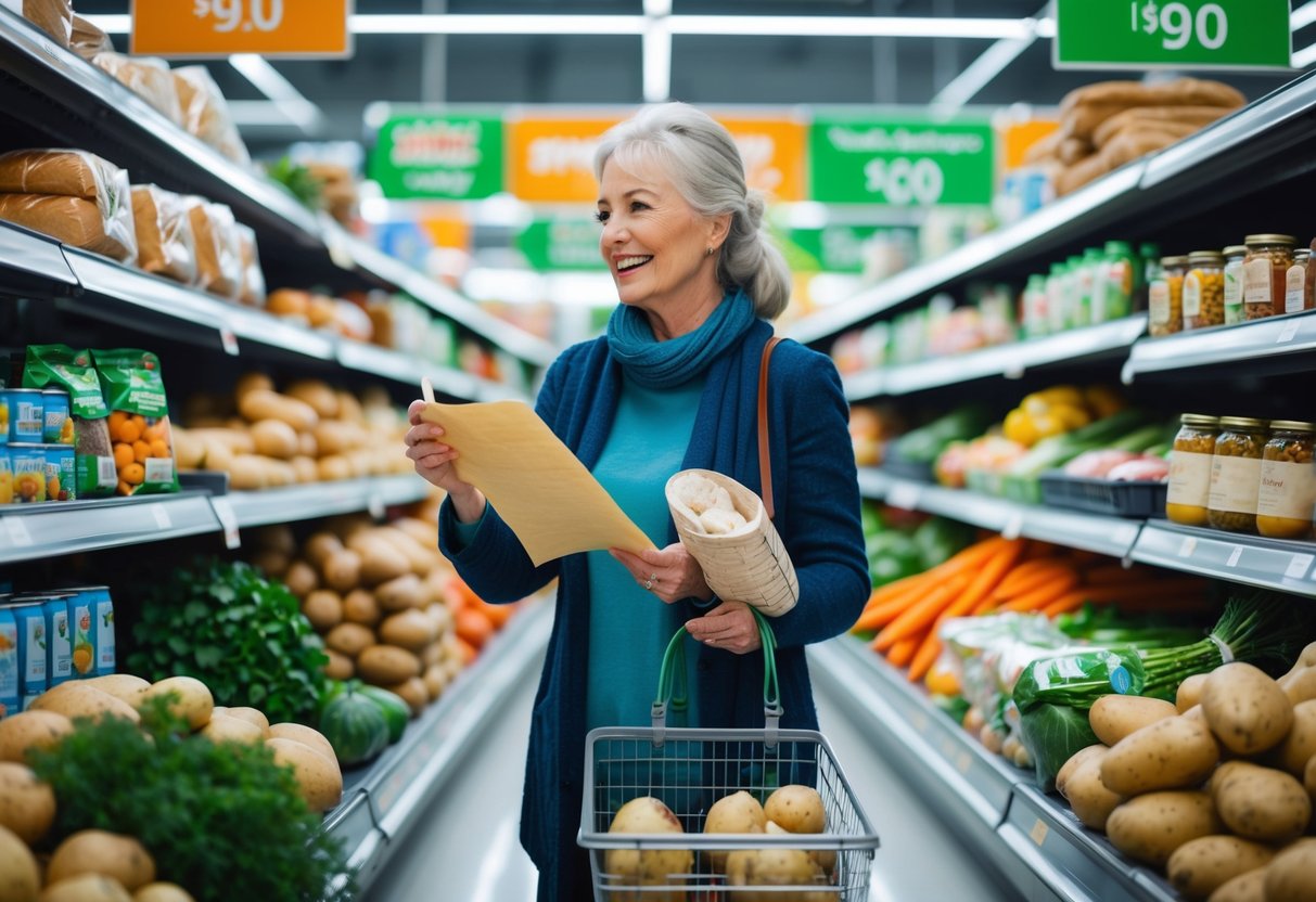 A woman shopping in a supermarket aisle filled with fresh produce and groceries, holding a shopping list and a basket.