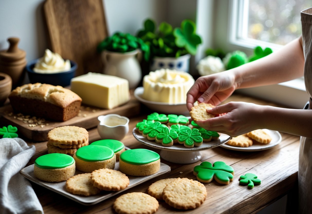 A kitchen table with an assortment of sugar-free Irish sweets and natural baking ingredients, with hands arranging the desserts.