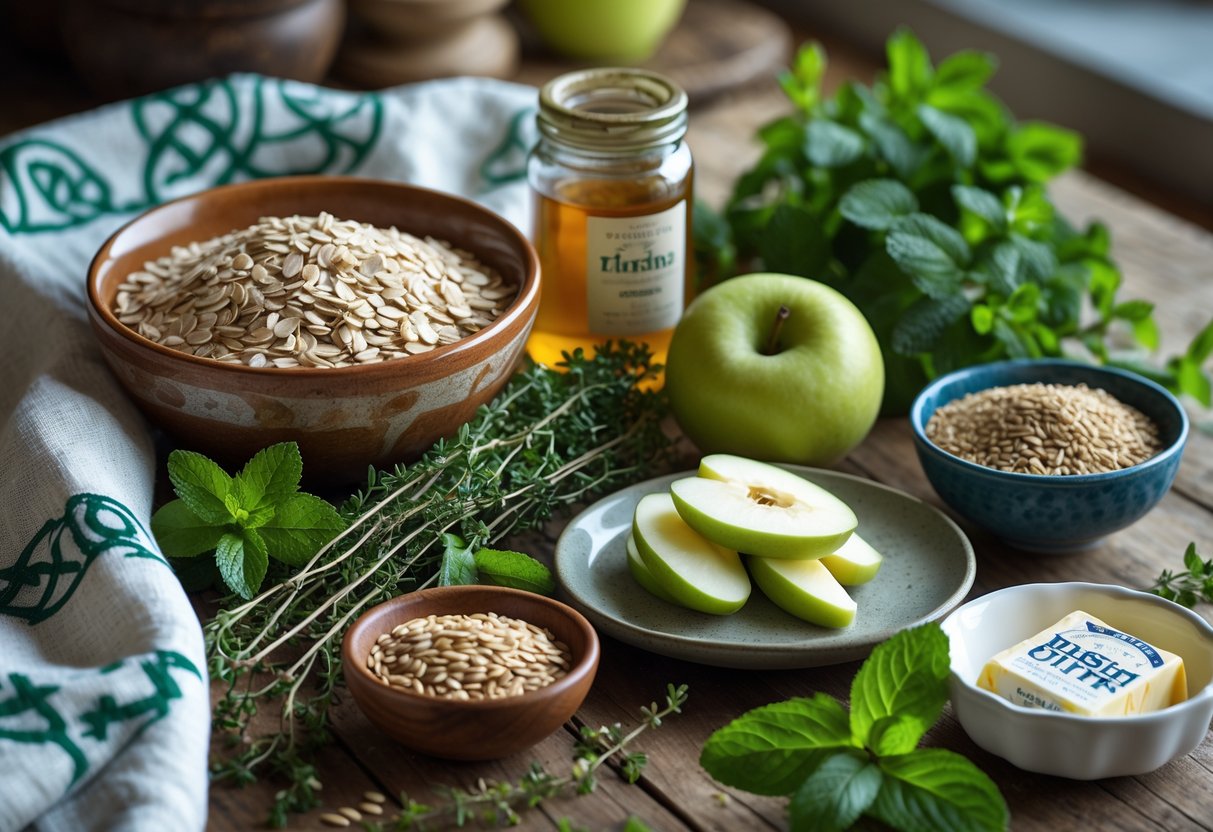 A wooden table displaying traditional Irish ingredients for sugar-free baking including oats, honey, thyme, flaxseeds, green apples, and Irish butter.