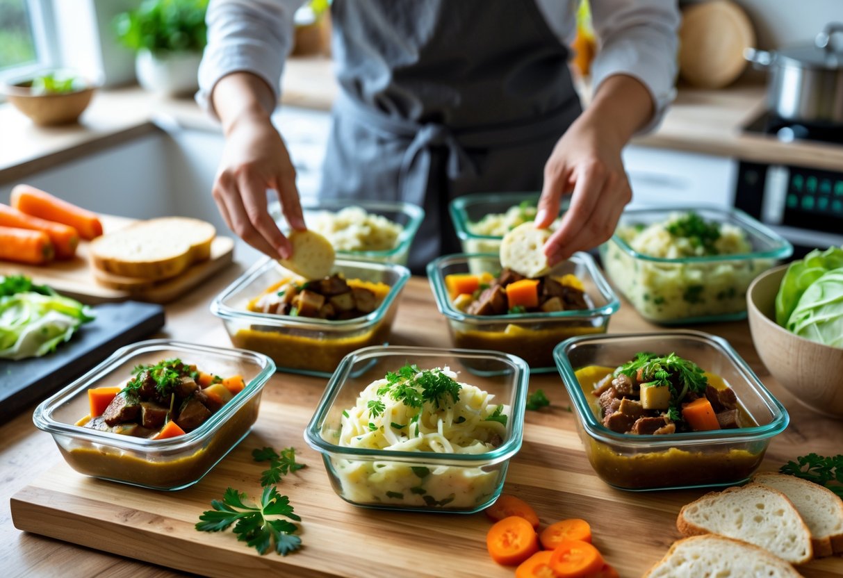 A kitchen countertop with glass containers of prepared Irish meals and fresh ingredients, with hands arranging the containers.