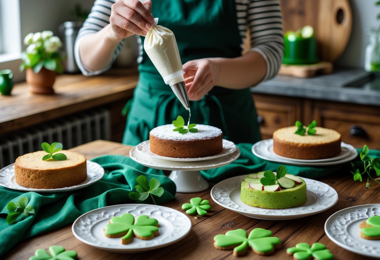 Person decorating and serving sugar-free Irish desserts on a wooden table with plates of traditional Irish treats and green garnishes.