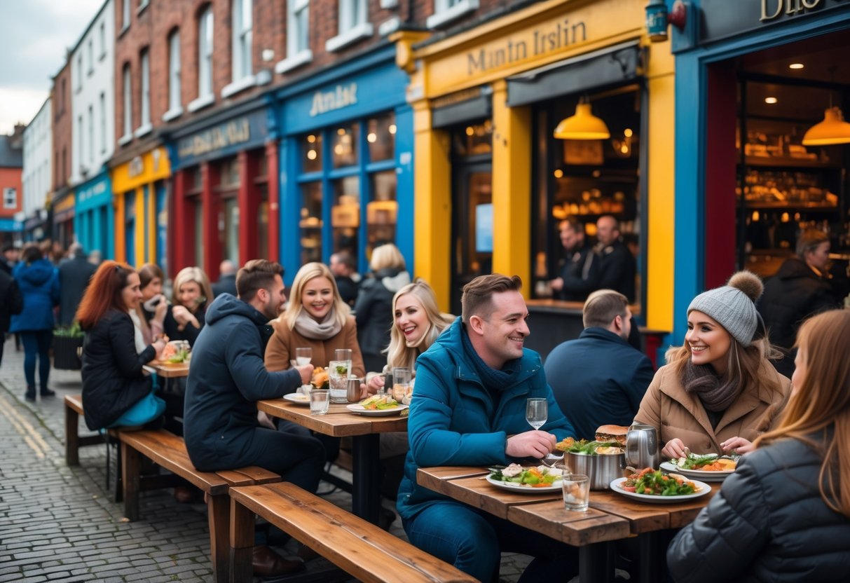 People enjoying affordable meals at an outdoor caf&eacute; on a lively street in Dublin with traditional Irish dishes and colorful buildings in the background.