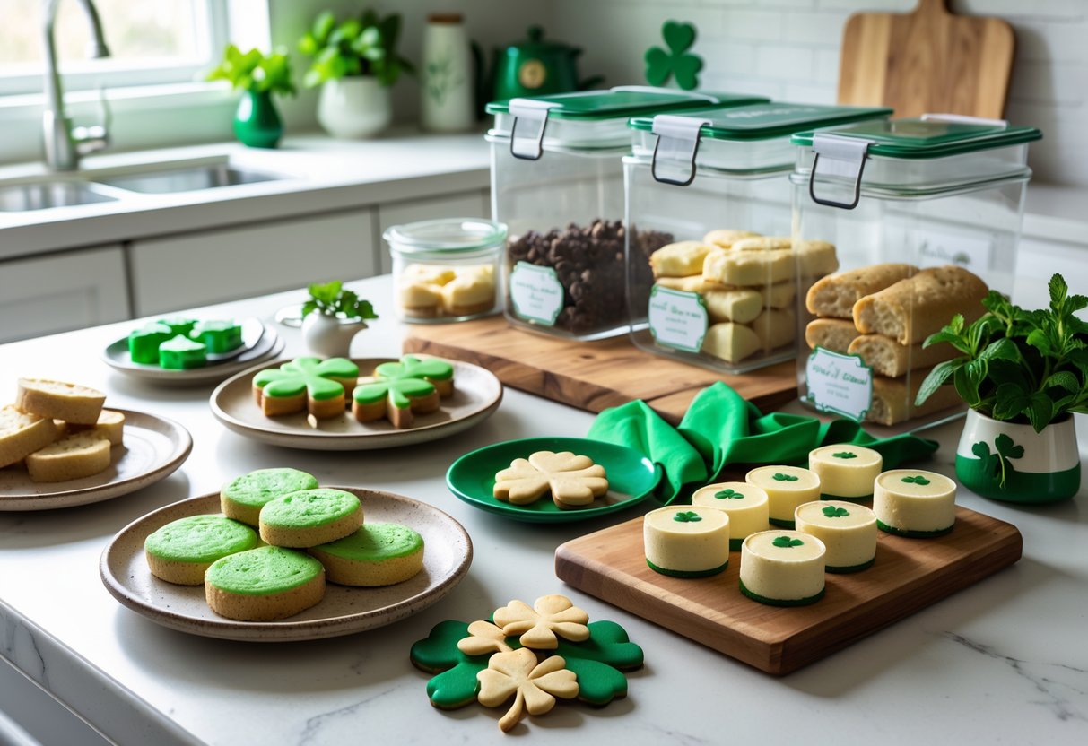 A kitchen countertop displaying sugar-free Irish desserts with glass containers and bags for storage, surrounded by green accents and Irish-themed decor.